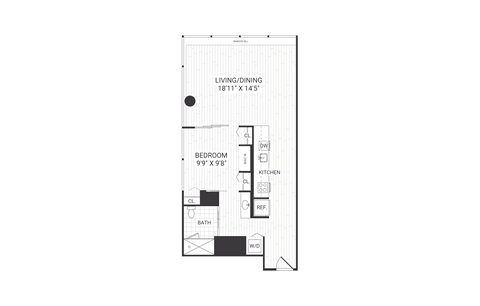A floor plan of a small apartment with a living room, bedroom, kitchen, and bathroom.