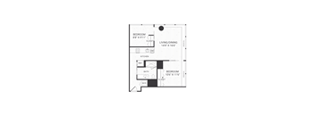 A floor plan of a small apartment with a living area, kitchen, bathroom and two bedrooms.