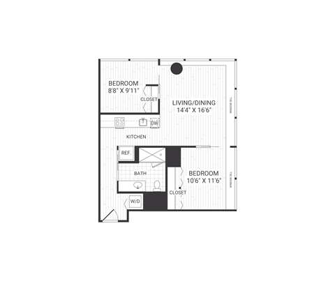 A floor plan of a small apartment with a living area, kitchen, bathroom and two bedrooms.