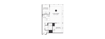 A floor plan of a small apartment with a living/dining area, kitchen, and two bedrooms.