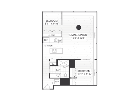 A floor plan of a small apartment with a living/dining area, kitchen, and two bedrooms.