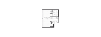A floor plan of a small apartment with a living/dining area, kitchen, bathroom, and two bedrooms.