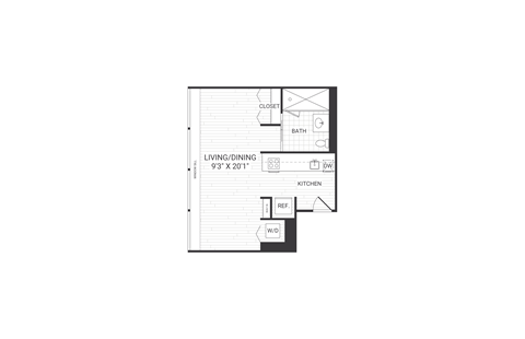 A floor plan of a small apartment with a living/dining area, kitchen, bathroom, and two bedrooms.