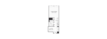 A floor plan of a living/dining room sits next to a kitchen and bathroom.