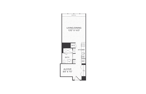 A floor plan of a living/dining room sits next to a kitchen and bathroom.