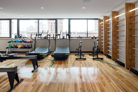 A gym with treadmills, exercise bikes, and other equipment.