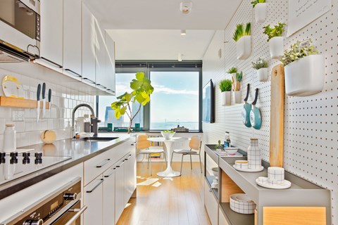 A modern kitchen with white cabinets and a wooden island.
