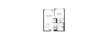 A black and white image of a floor plan for a small apartment.