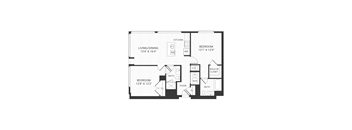 A floor plan of a house with a living room, dining room, kitchen, and two bedrooms.