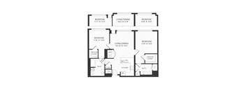 A black and white image of a floor plan for a house with three bedrooms, two living/dining areas, a kitchen, two bathrooms, and a walk-in closet.