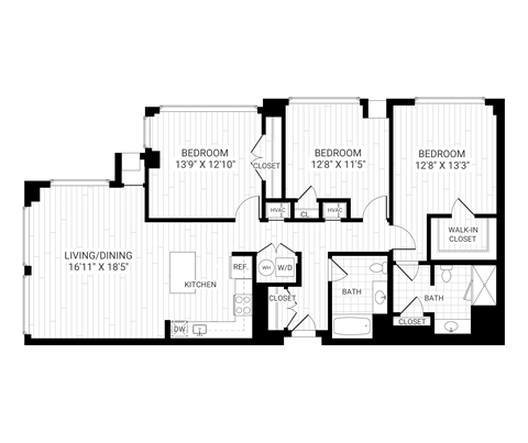 A black and white image of a floor plan for a house with three bedrooms, a living/dining area, a kitchen, two bathrooms, and a walk-in closet.