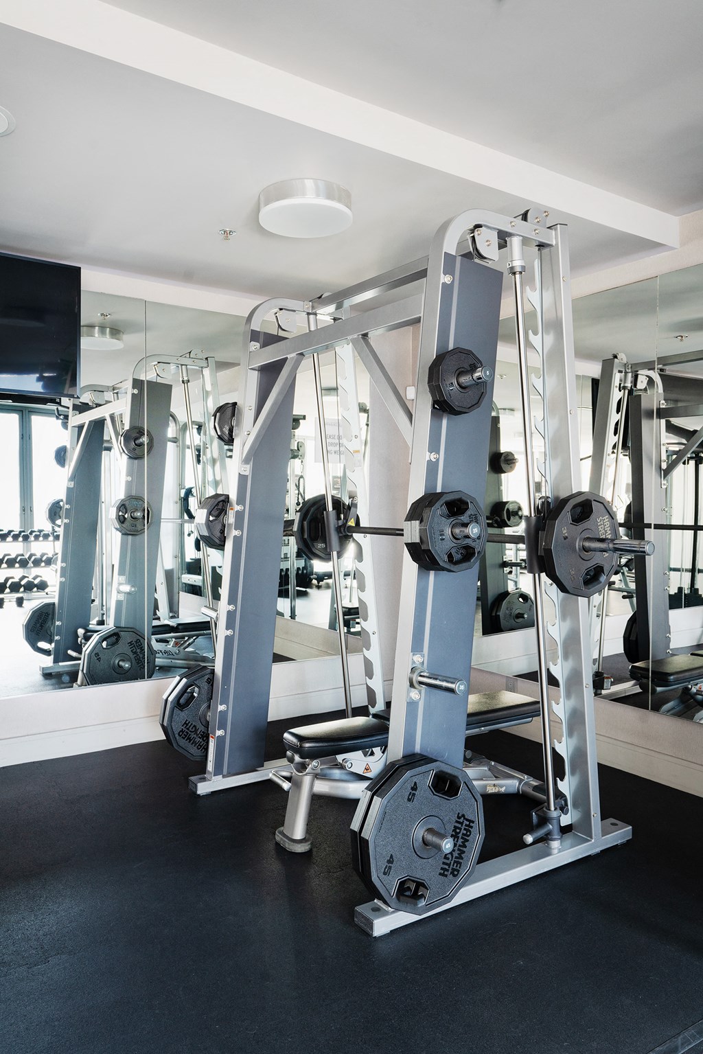 a row of weights machines in a gym