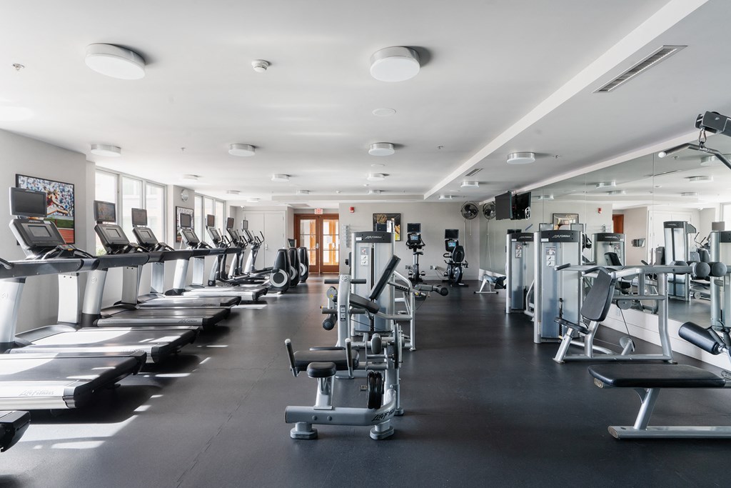 a gym with rows of weights and cardio equipment