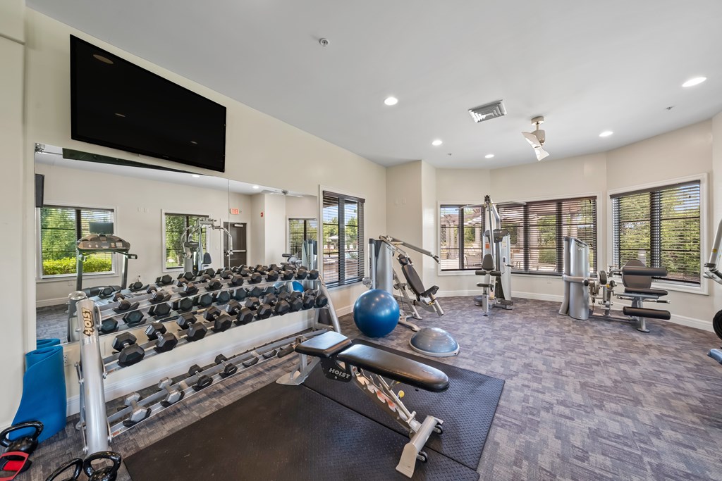 Fitness Center with Free Weights at Villa Milano in Leawood Kansas