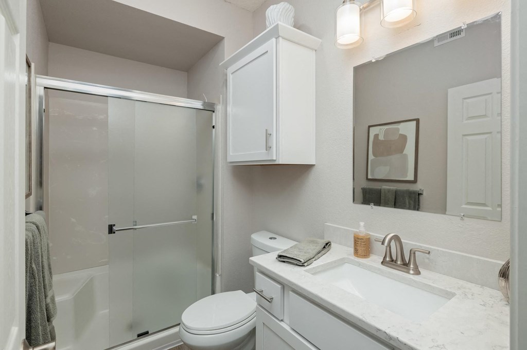 a bathroom with a sink toilet and a shower