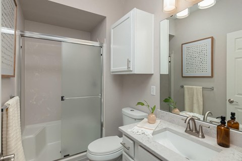 a bathroom with a sink toilet and shower