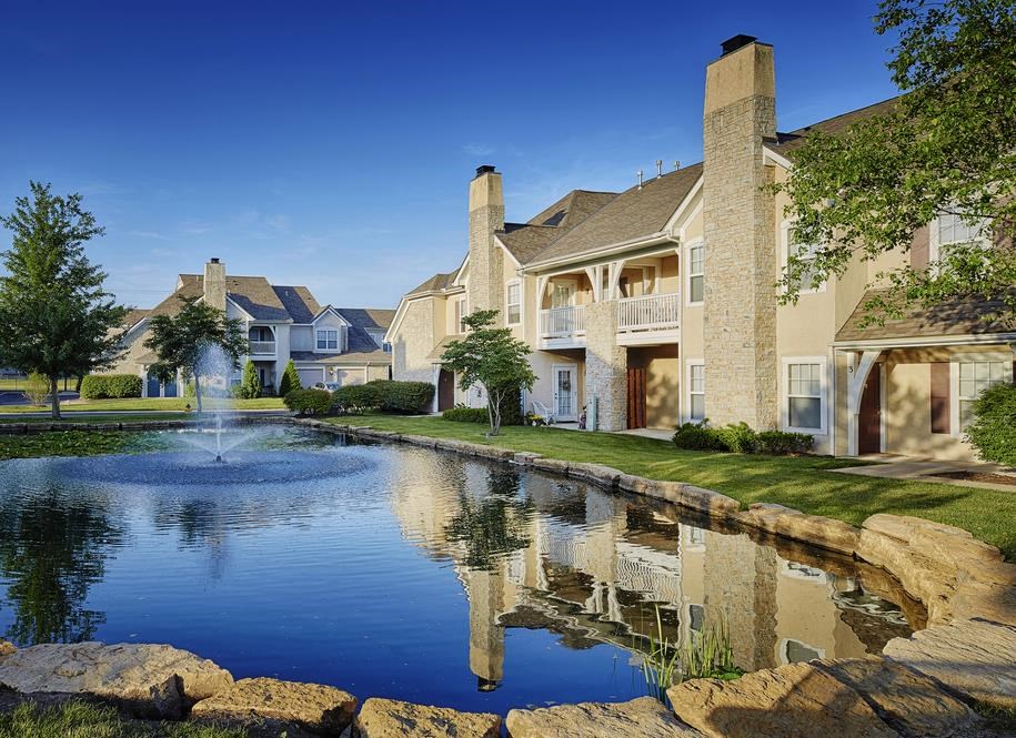 Manicured landscaping and water features