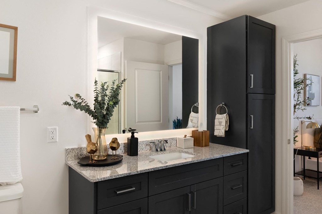 a bathroom with black cabinets and a sink and a mirror