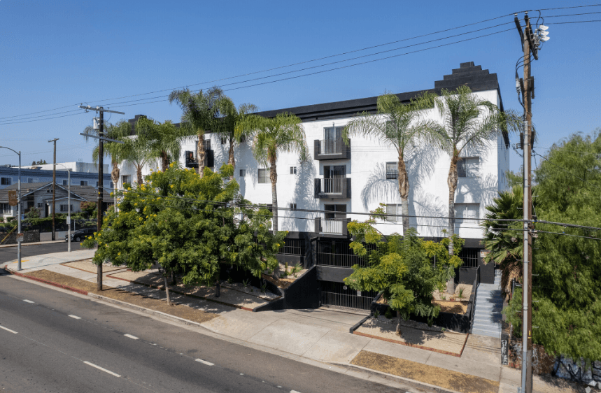 a white building with palm trees in front of it on a street