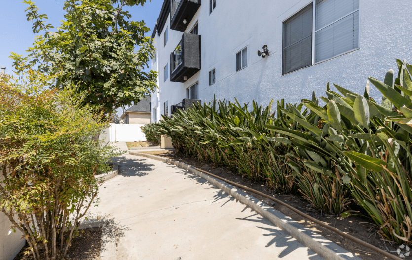a sidewalk in front of a white building with plants