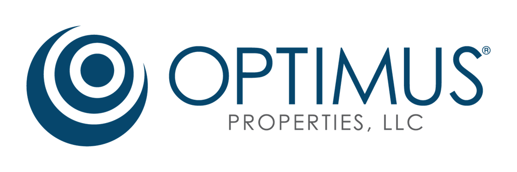 the logo properties with the word opimus in blue