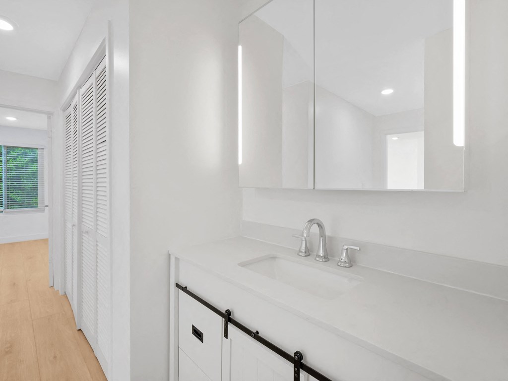 a bathroom with a sink and a mirror