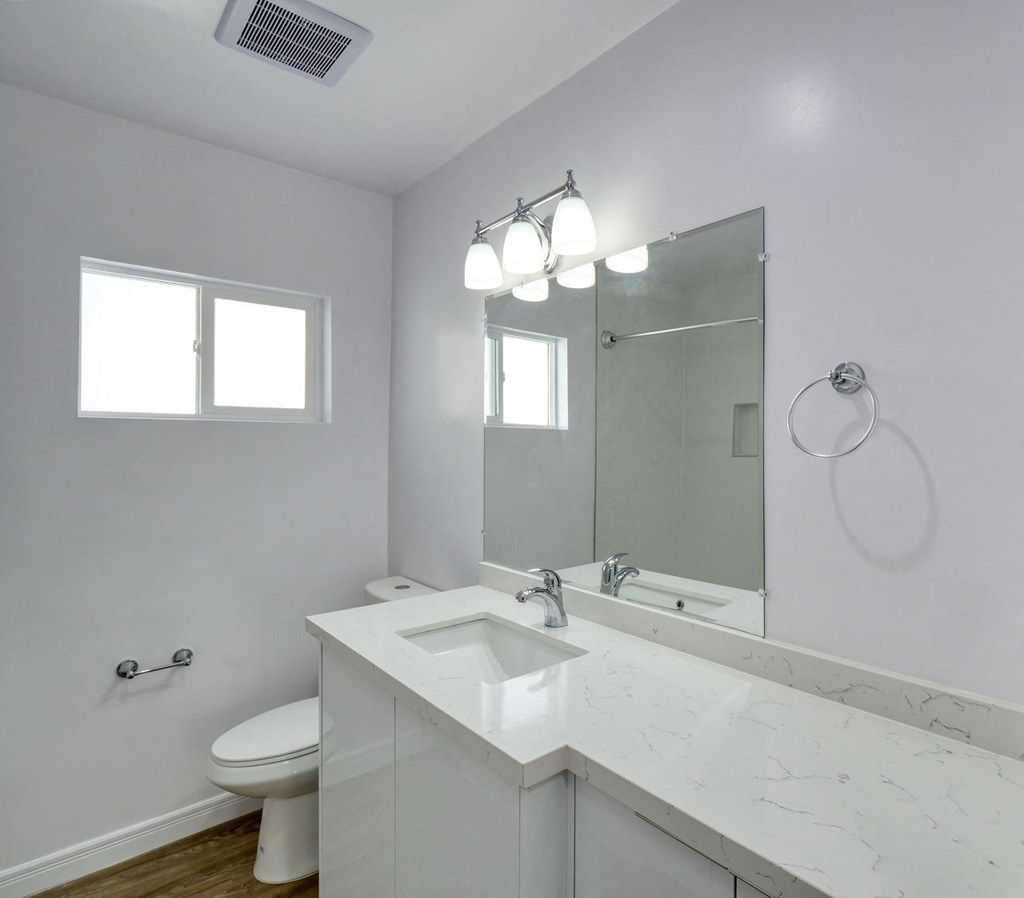a bathroom with a sink toilet and a mirror