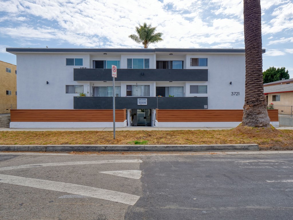 an empty parking lot in front of a white building with a palm tree