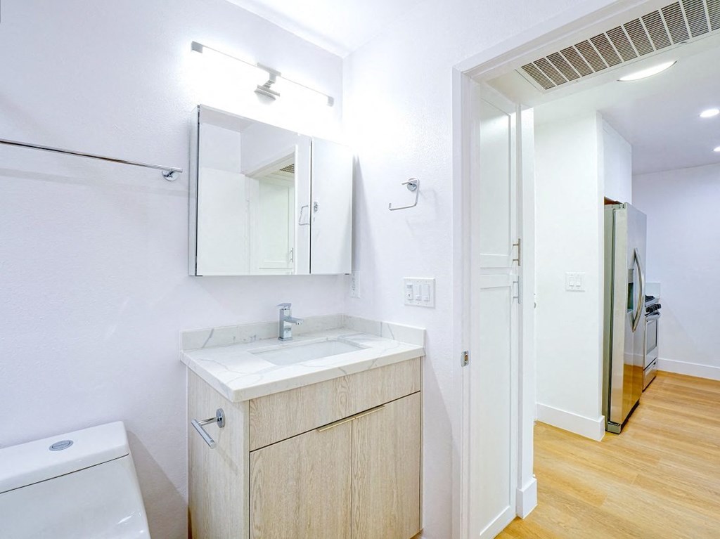 a bathroom with a sink and a mirror
