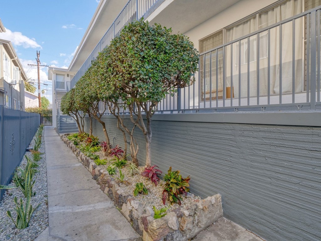 a side view of a building with a sidewalk and plants