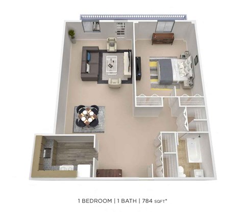 A 1 bedroom apartment with a bathroom is 784 sqft.