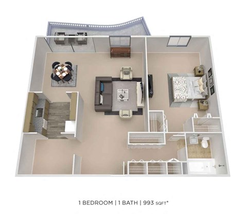 A floor plan of a 1 bedroom apartment with a bathroom.