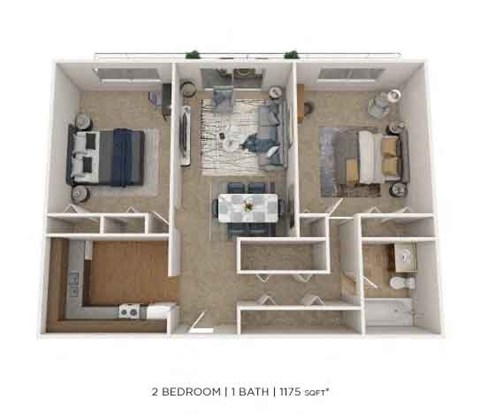A 2 bedroom apartment with a bathroom is 1175 square feet.