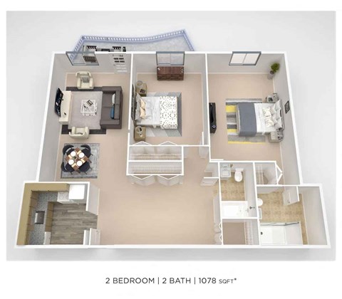 A 2 bedroom, 2 bathroom apartment with a total of 1078 square feet.