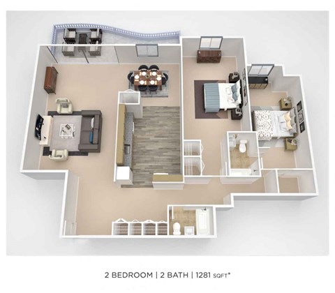 A floor plan of a 2 bedroom, 2 bathroom apartment with a total area of 1281 square feet.