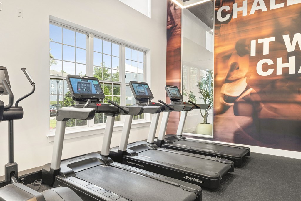 Three treadmills are lined up in a row in a gym.