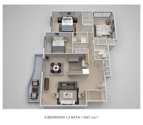 A 3 bedroom, 2 bathroom apartment is 1527 square feet.