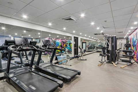 A gym with treadmills, weights, and exercise equipment.