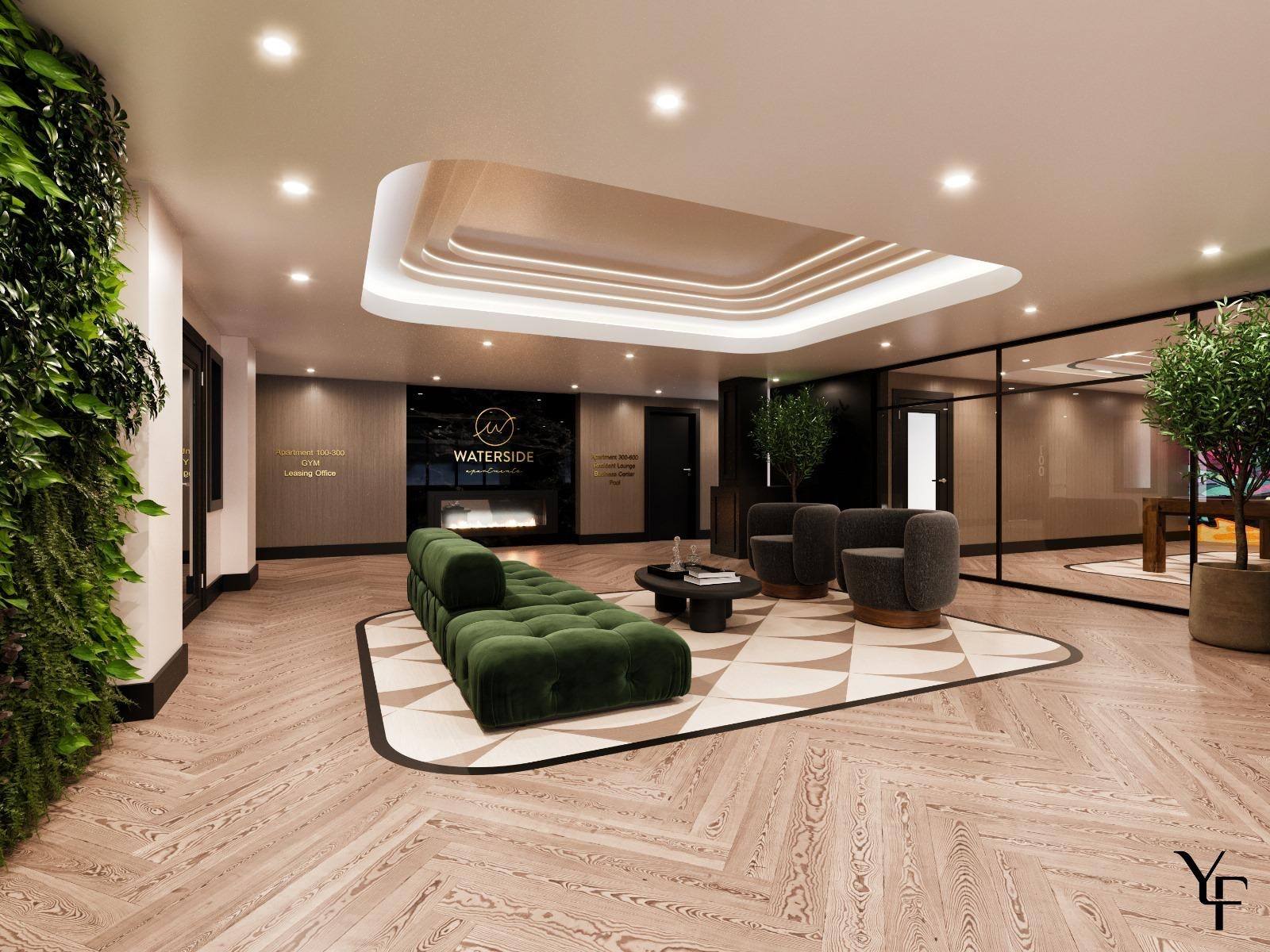 A modern living room with a green plant on the left side and a sofa set in the center.