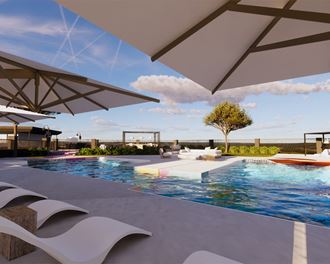 a rendering of a swimming pool at aria on the strip in las vegas with umb