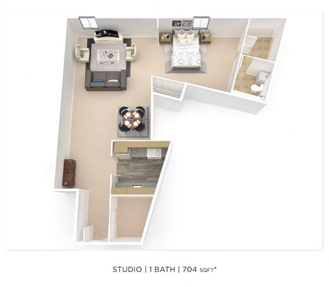 A floor plan of a studio apartment with one bathroom and a kitchenette.