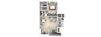 A 3D floor plan of a house with a living room, kitchen, and two bedrooms.