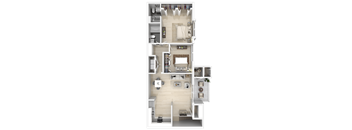 A floor plan of a house with a kitchen, living room, and two bedrooms.