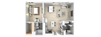 A 3D floor plan of a small apartment with a kitchen, living room, and bedroom.