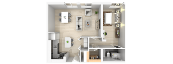 A 3D floor plan of a small apartment with a kitchen, living room, and bathroom.