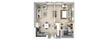 A top-down view of a well-organized apartment with a kitchen, living room, and bathroom.