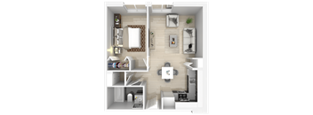 A top-down view of a small apartment with a bedroom, living room, and kitchen area.