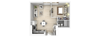 A top-down view of a modern apartment layout with a living room, kitchen, and bedrooms.