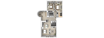 A 3D floor plan of a house with a kitchen, living room, and two bedrooms.