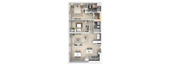 A 3D floor plan of a house with multiple rooms.